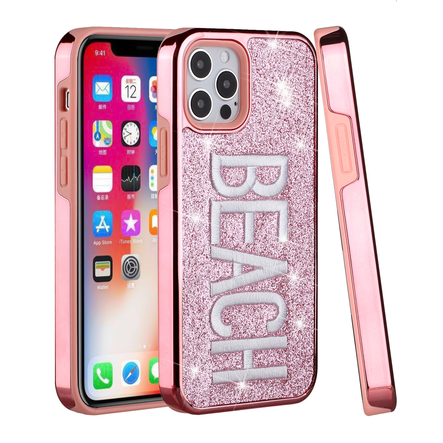 For Apple iPhone 12 / 12 Pro 6.1 Embroidery Bling Glitter Chrome Hybrid Case Cover