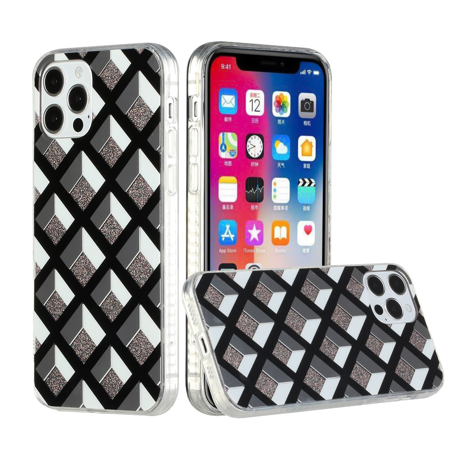 For Apple iPhone 12 Pro Max 6.7 3D Grid Electroplated Design Hybrid Case Cover