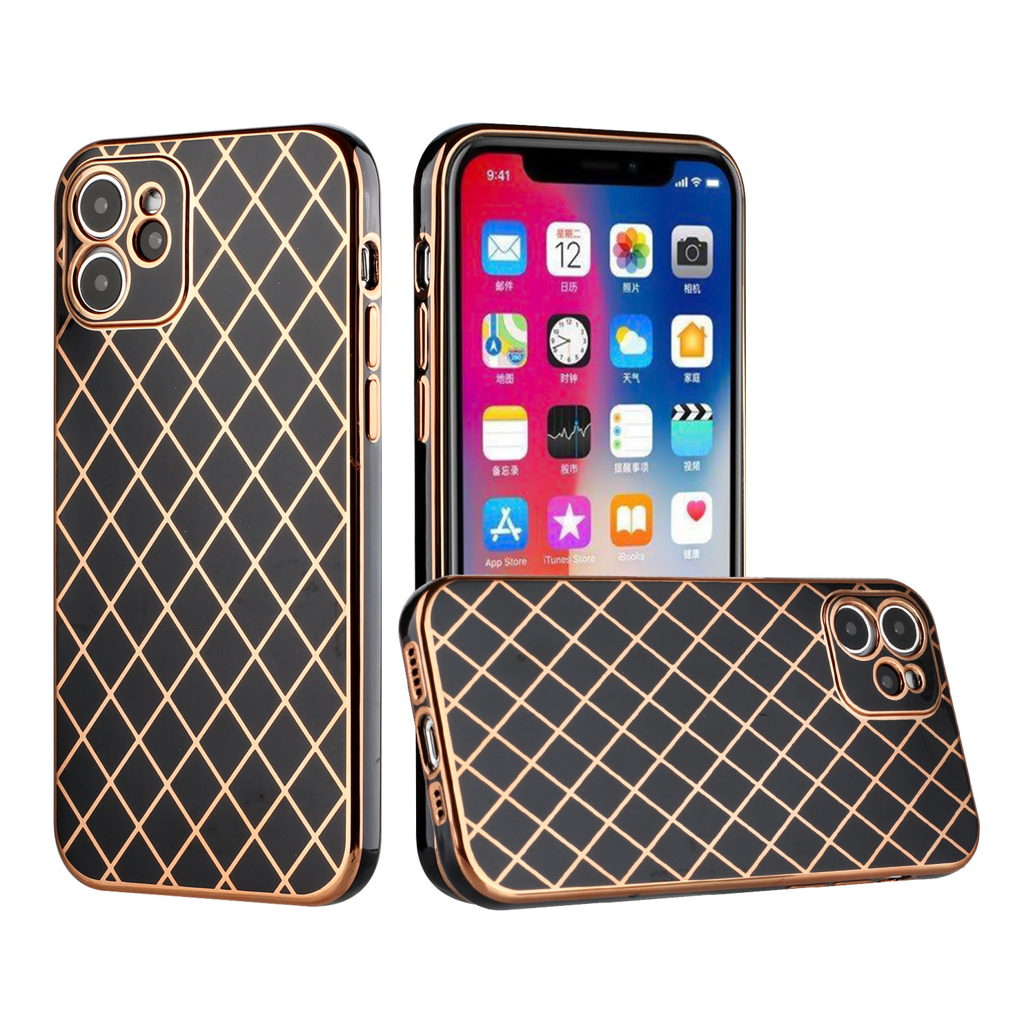 For Apple iPhone 12 Pro Max 6.7 Electroplated Grid Diamond Lines TPU Case Cover