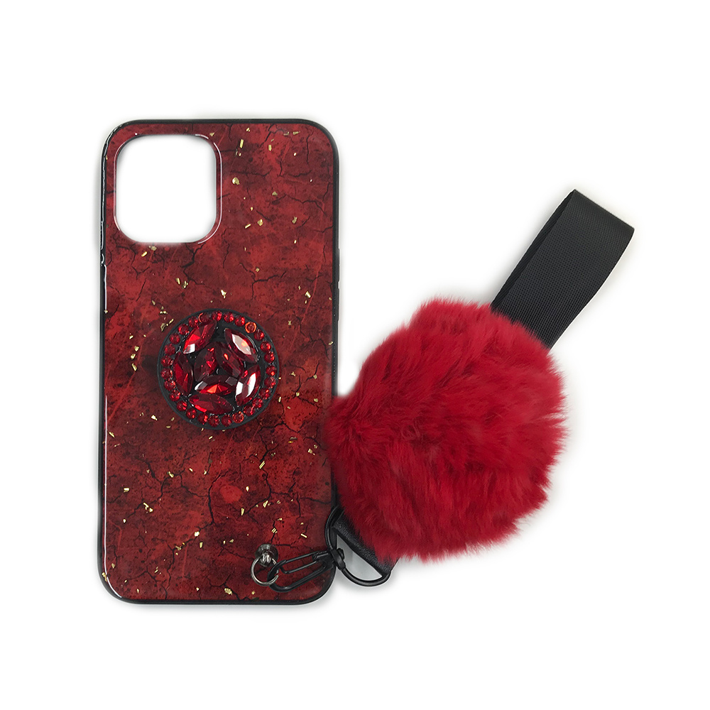 For Apple iPhone 13 Mini 5.4 Marble Glitter Case with Fur Ball & Strap