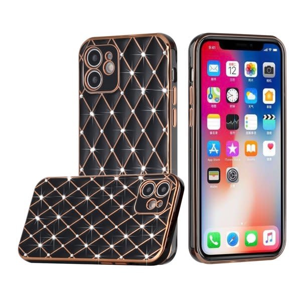 For Apple iPhone 13 Pro 6.1 (3 Cameras) Diamonds on Electroplated Grid Design TPU Case Cover