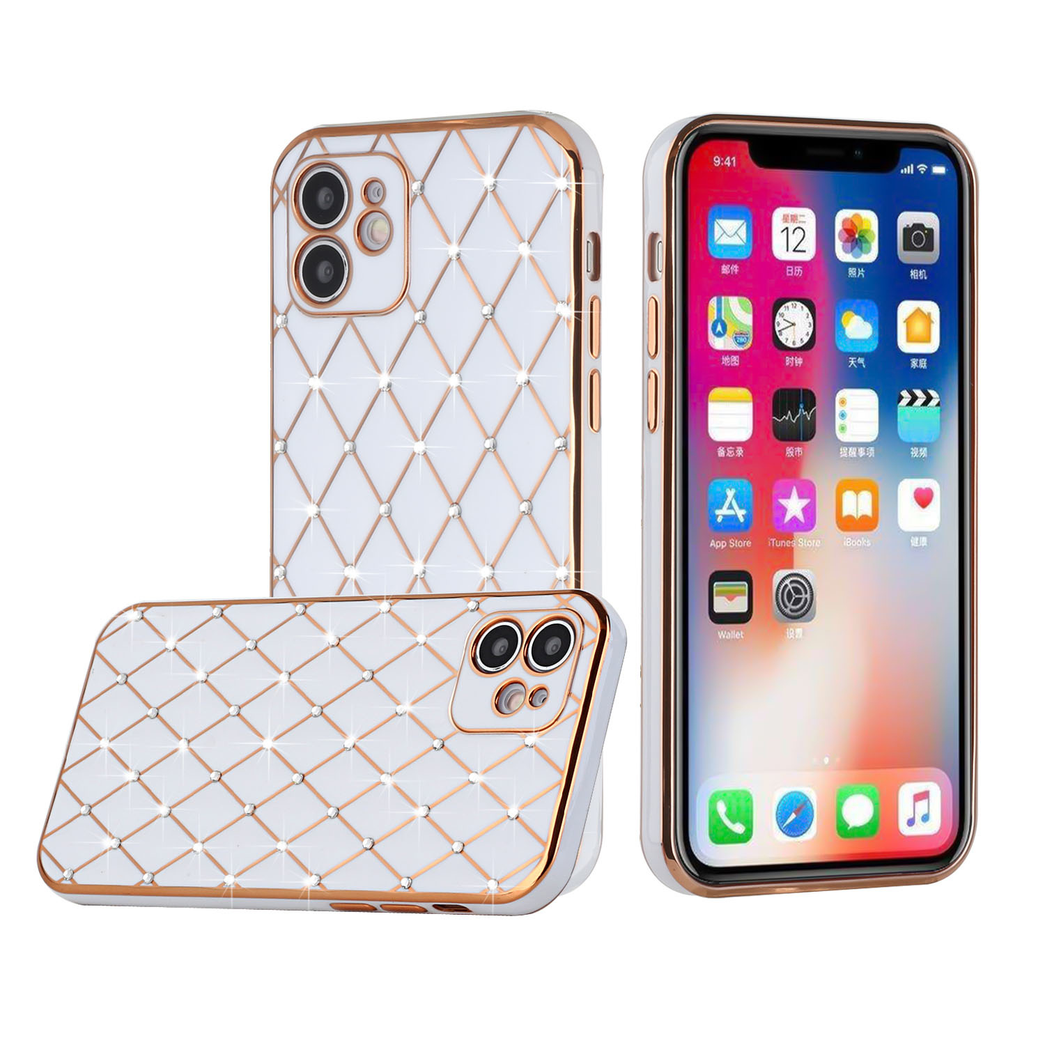 For Apple iPhone 13 Pro Max 6.7 Diamonds on Electroplated Grid Design TPU Case Cover
