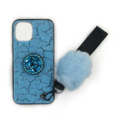 For Apple iPhone 13 Pro 6.1 (3 Cameras) Marble Glitter Case with Fur Ball & Strap