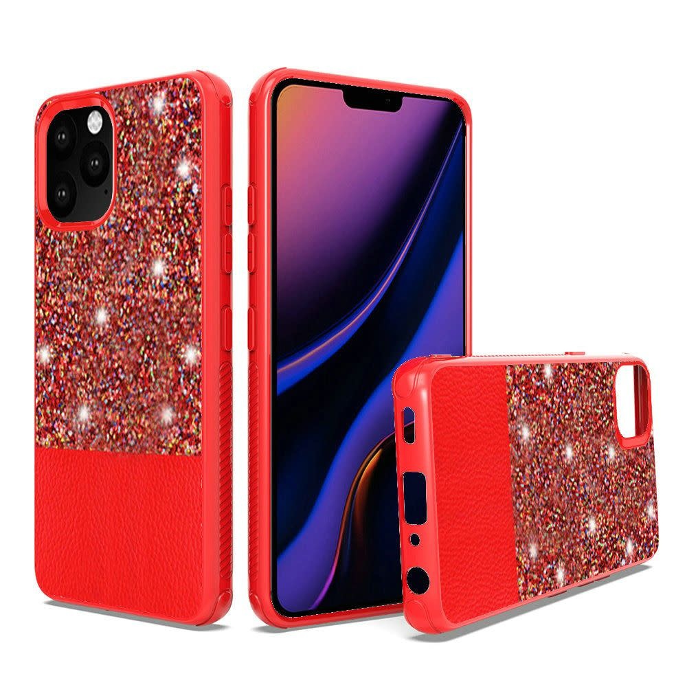 For Apple iPhone 11 Pro Max 6.5 PU Leather Glitter Hybrid with Chrome TPU