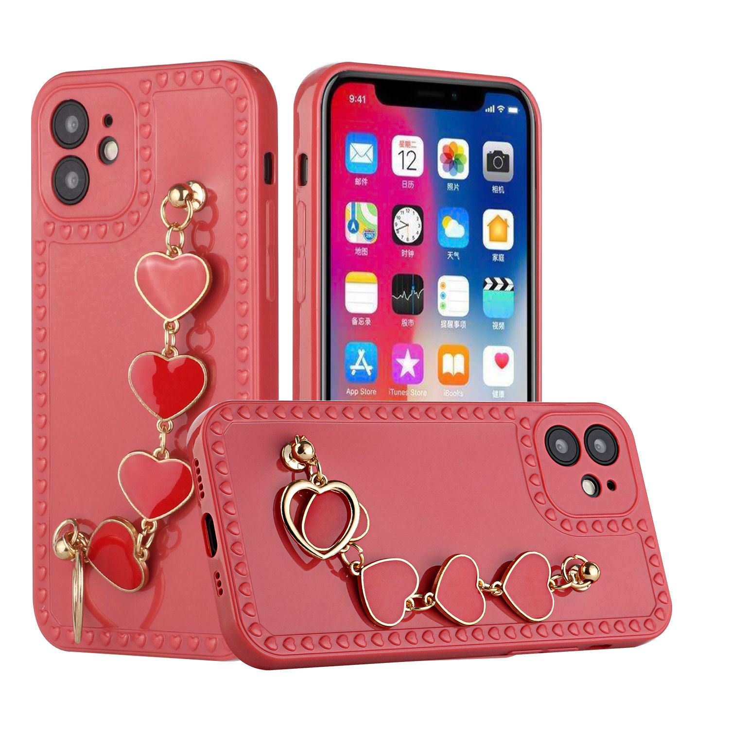 For Apple iPhone 12 Pro Max 6.7 Hearts TPU with Hearts Chain Case Cover