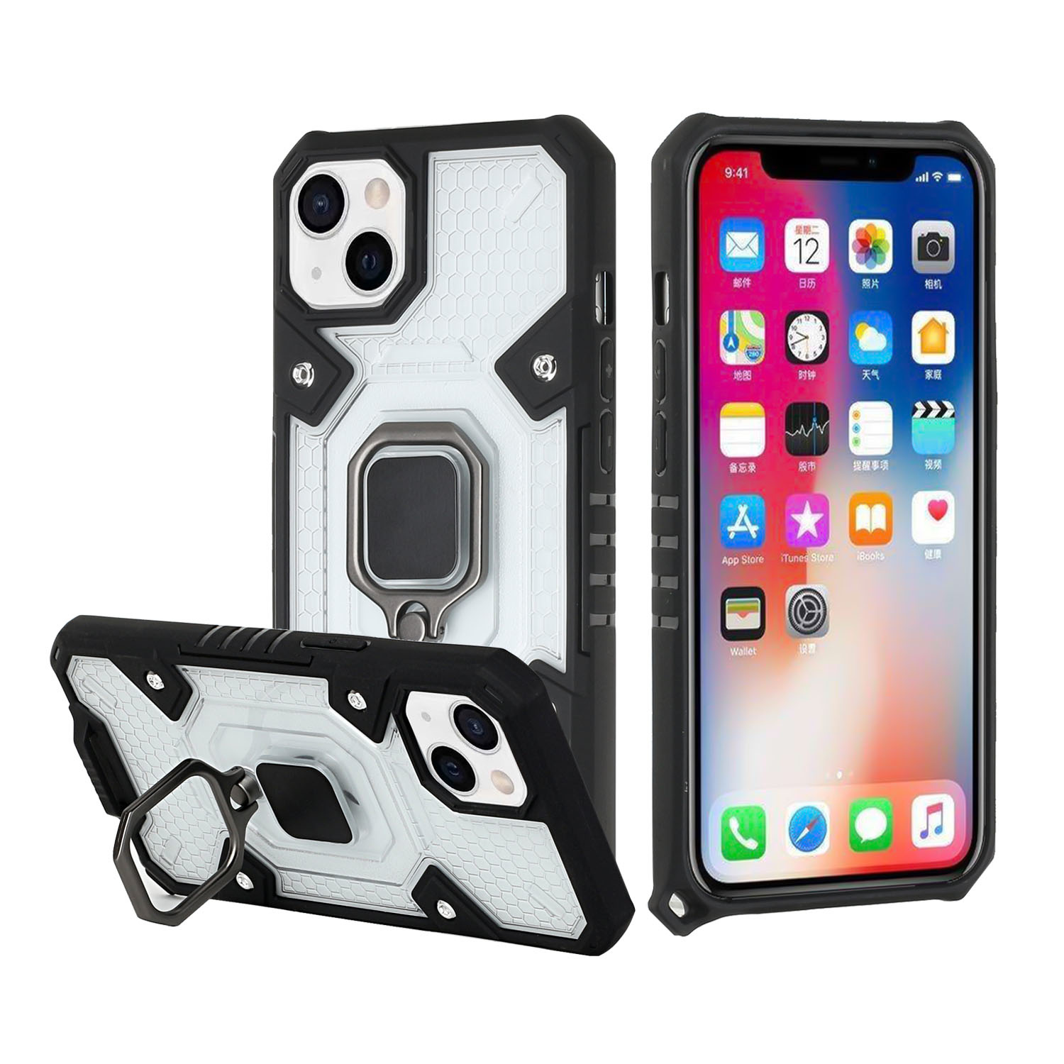 For Apple iPhone 13 6.1 (2 Cameras)  Transparent Design Shockproof Magnetic Ring Stand Case Cover