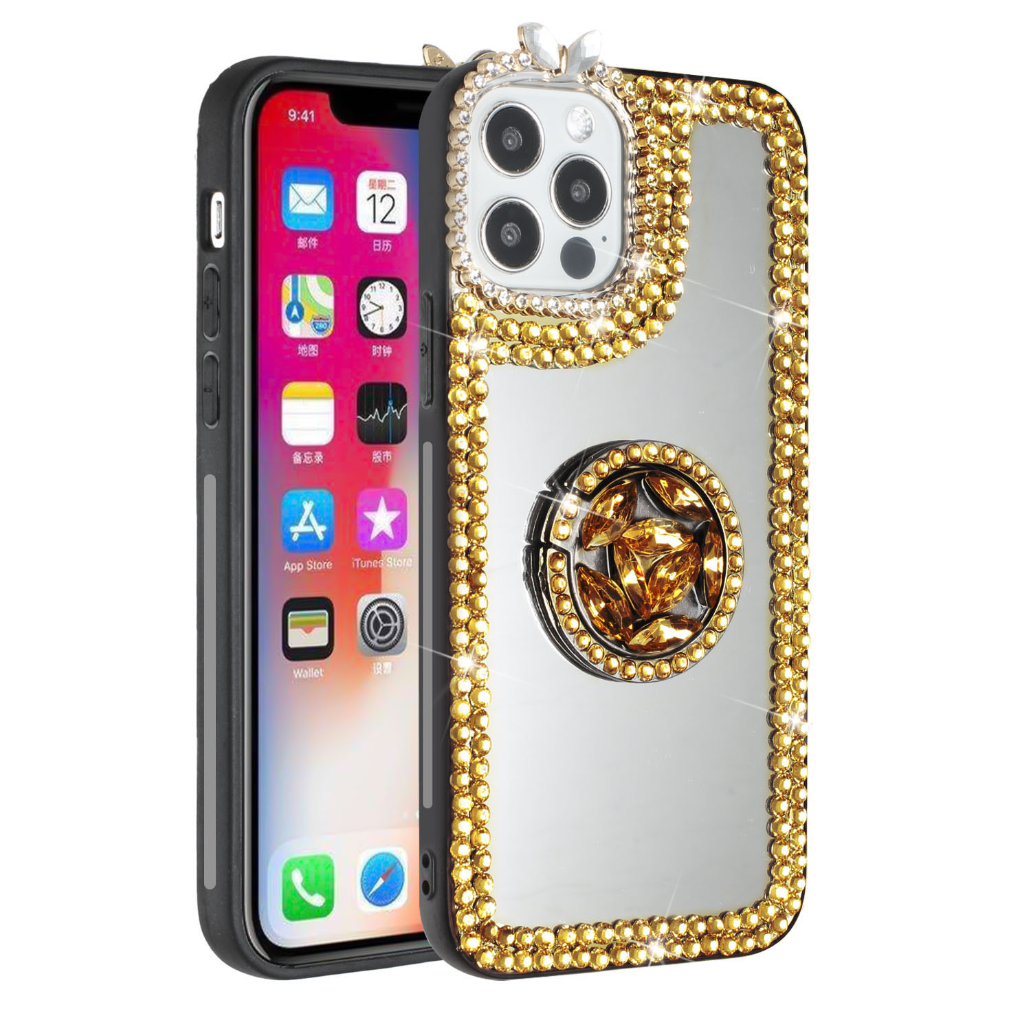 For Apple iPhone 11 (XI6.1) Mirror Diamond Ring Stand Ornaments Cover Case