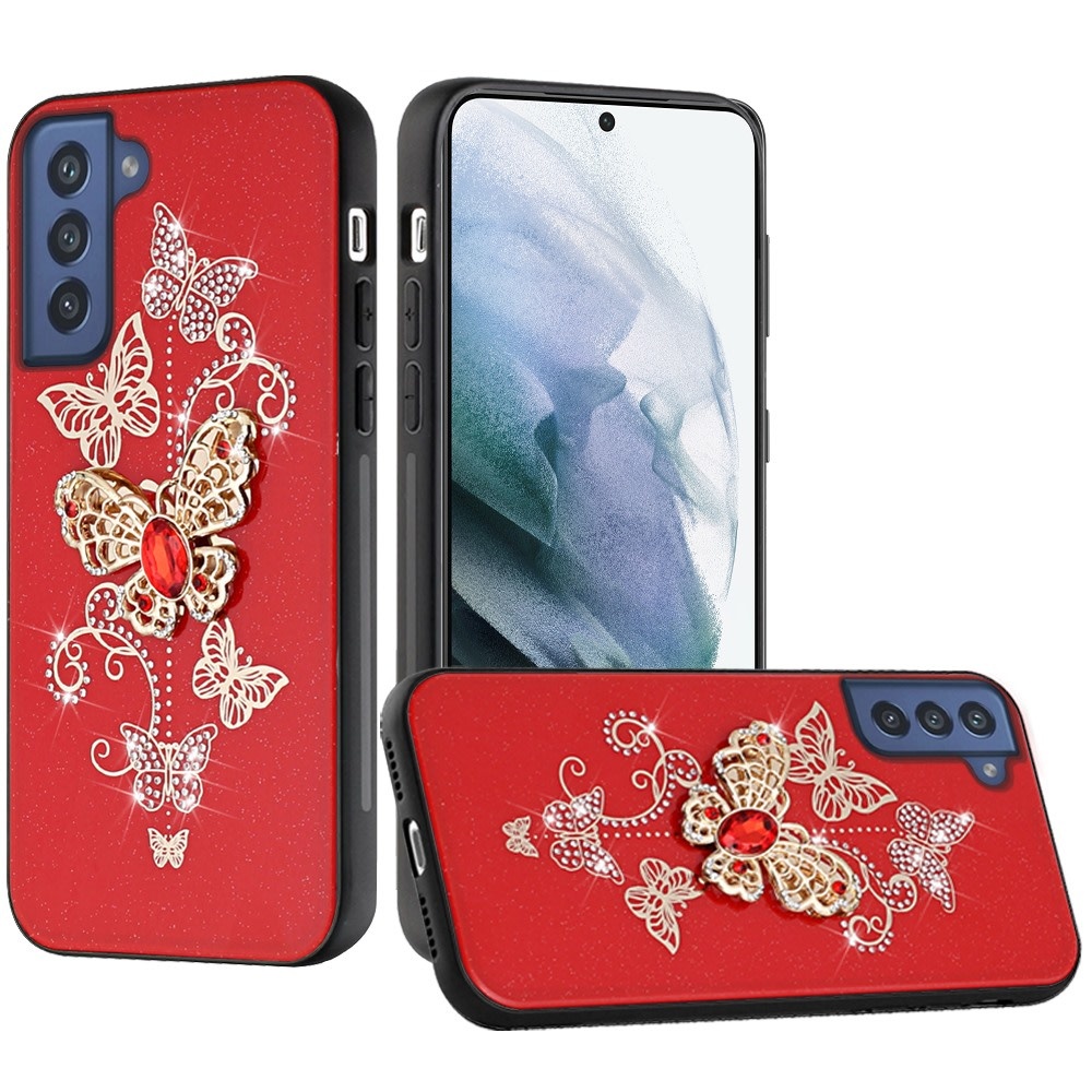 For Samsung Galaxy S22 Plus SPLENDID Diamond Glitter Ornaments Engraving Case Cover Garden Butterflies