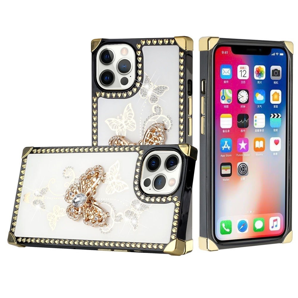 For Apple iPhone 13 Pro Max Passion Square Hearts Diamond Glitter Ornaments Engraving Case Cover Garden Butterflies