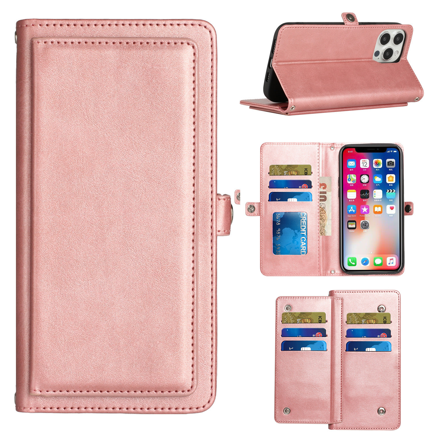 For Apple iPhone 11 (XI6.1) Wallet Premium PU Vegan Leather ID Multiple Card Holder Money with Lanyard