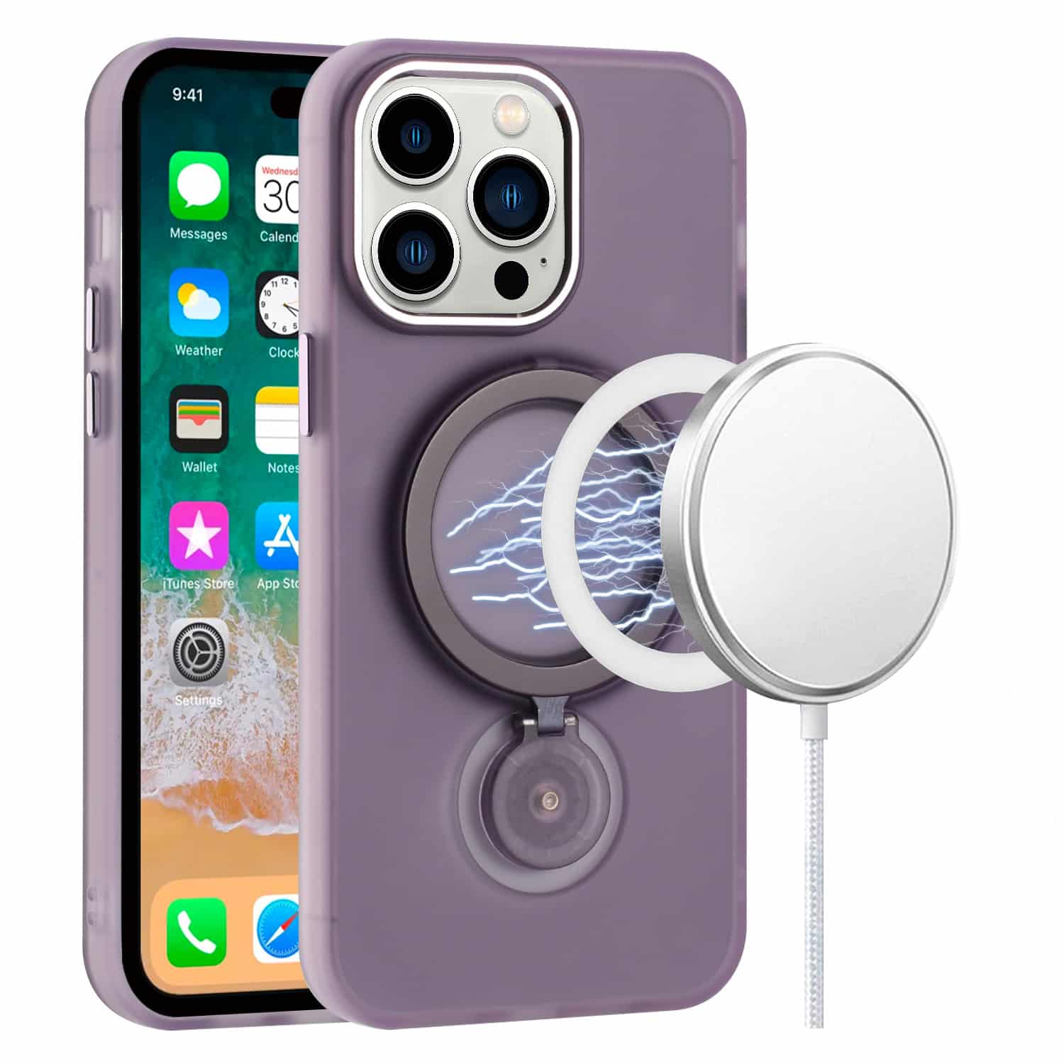 For Apple iPhone 15 Plus Hoop Kickstand Magnetic Circle HD Transparent Chrome Hybrid