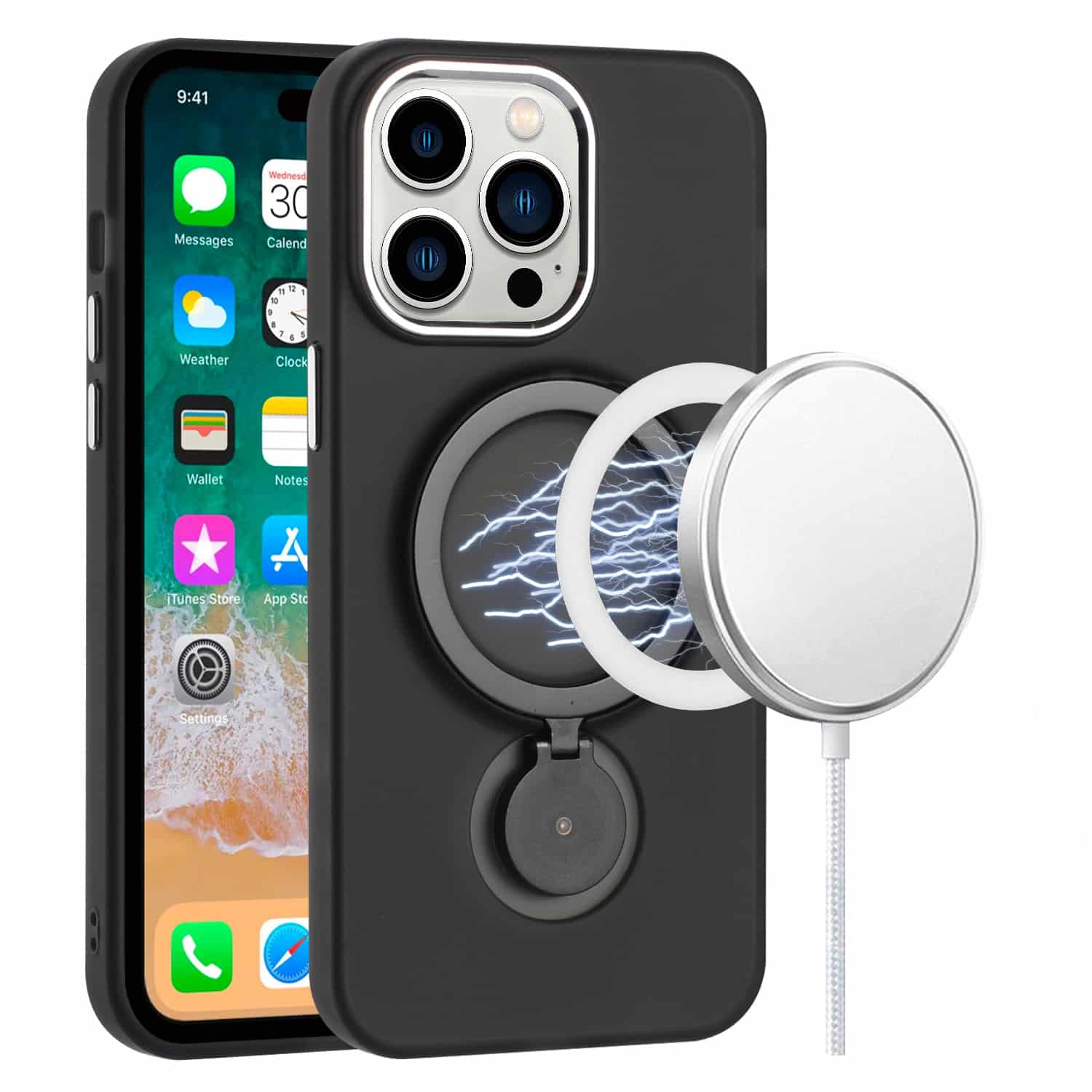 For Apple iPhone 15 Hoop Kickstand Magnetic Circle HD Transparent Chrome Hybrid