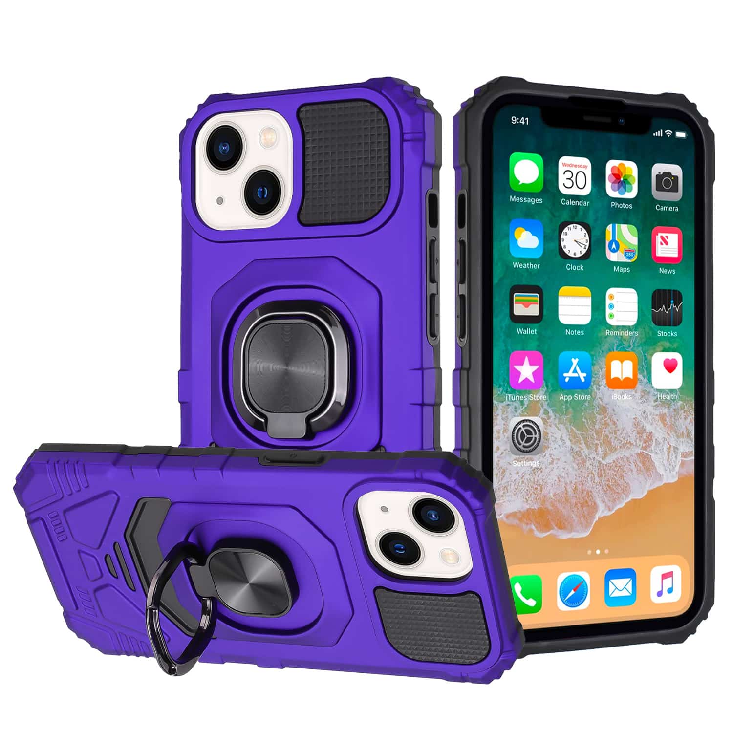 For Apple iPhone 15 Pro Max Robotic Hybrid with Magnetic Ring Stand Case Cover