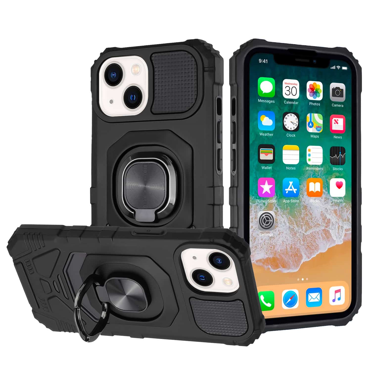 For Apple iPhone 15 Robotic Hybrid with Magnetic Ring Stand Case Cover