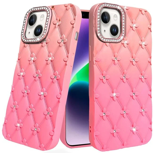 For Apple iPhone 13/14 Floral Joy Glitter Shimmer Leather Feel Thick TPU Case