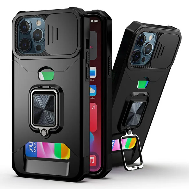 For Apple iPhone 15 Multi-Functional Card Magnetic Ring Stand Hybrid Camera Case Cover
