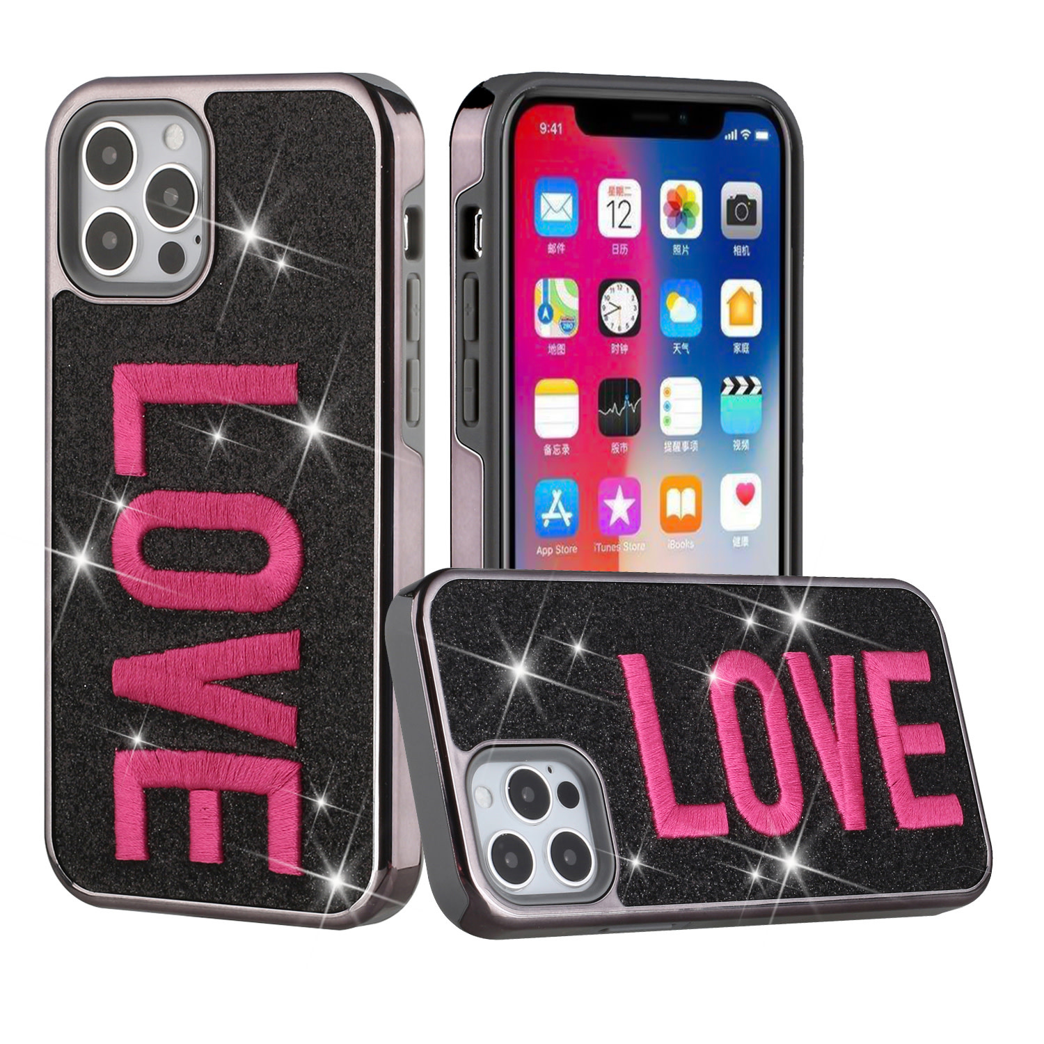 For Apple iPhone 11 Pro Max 6.5 / XS Max Embroidery Bling Glitter Chrome Hybrid Case Cover